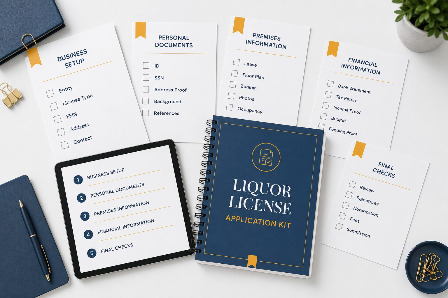 The Liquor License Application Kit worksheets, checklists and guide in an editorial flat-lay